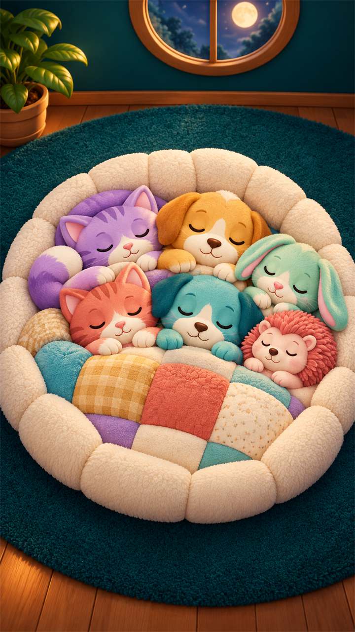 Animal Nest key art: six sleepy plush animals in a round bed