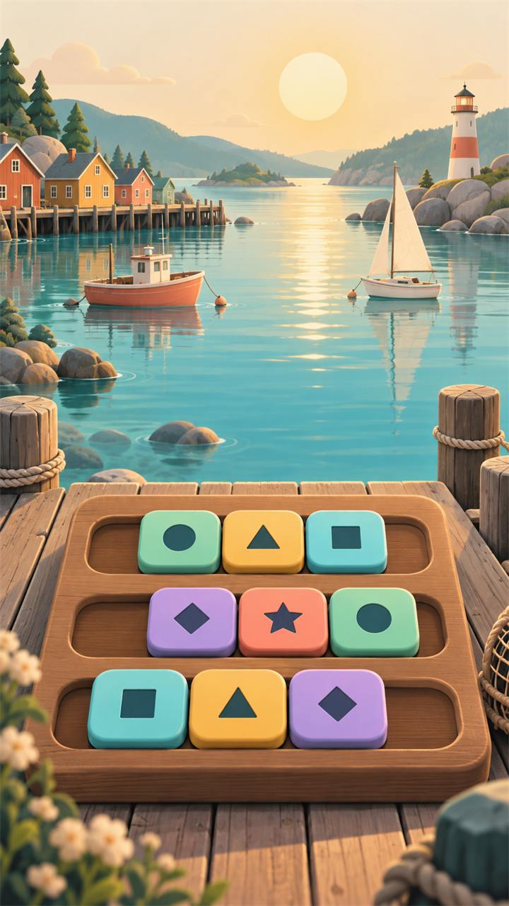 Harbour Duet key art: a harbour at sunset with a tray of sliding tiles