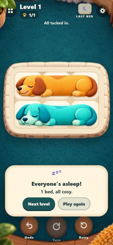 Level complete: two dogs asleep in a full bed