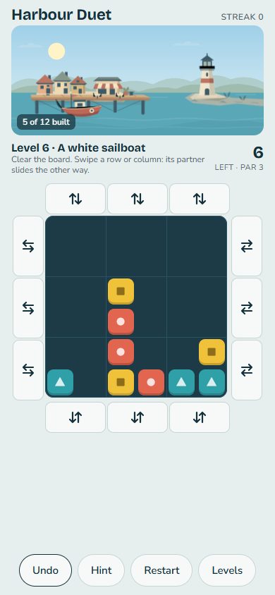 Level 6: coloured tiles at the bottom of the board, with the half-built harbour above